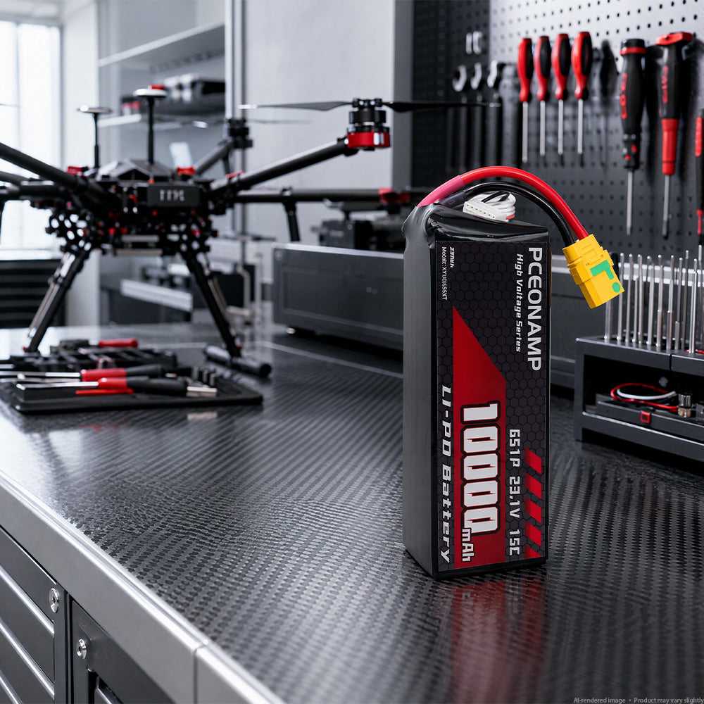 PCEONAMP 10000mAh 6S HV LiPo battery on workbench with drone frame