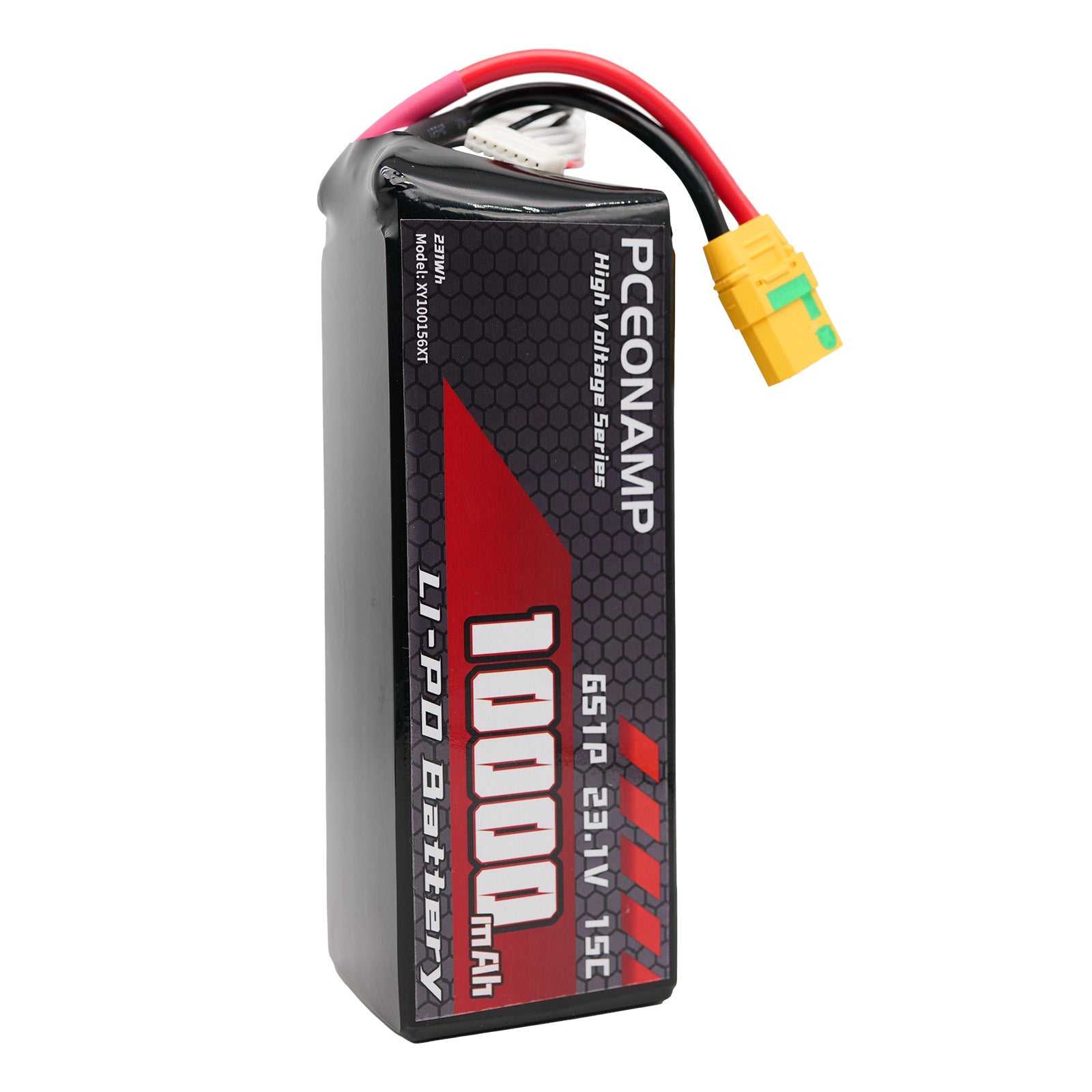 10000mAh 6S LiPo battery side view, 170 x 57 x 50mm, 1130g, 8AWG silicone wires with JST-XH balance port