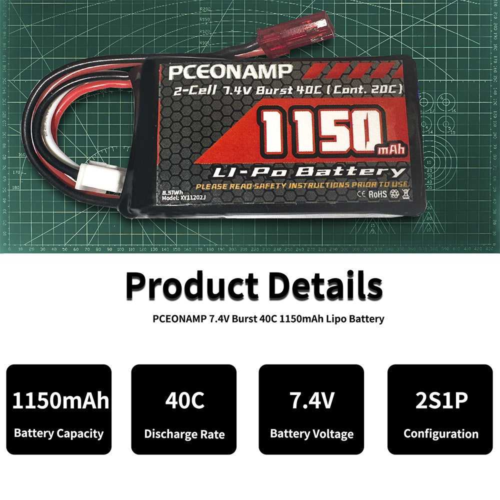 PCEONAMP 1150mAh 2S LiPo battery 40C JST specs, 1150mAh, 40C burst, 7.4V, 2S1P
