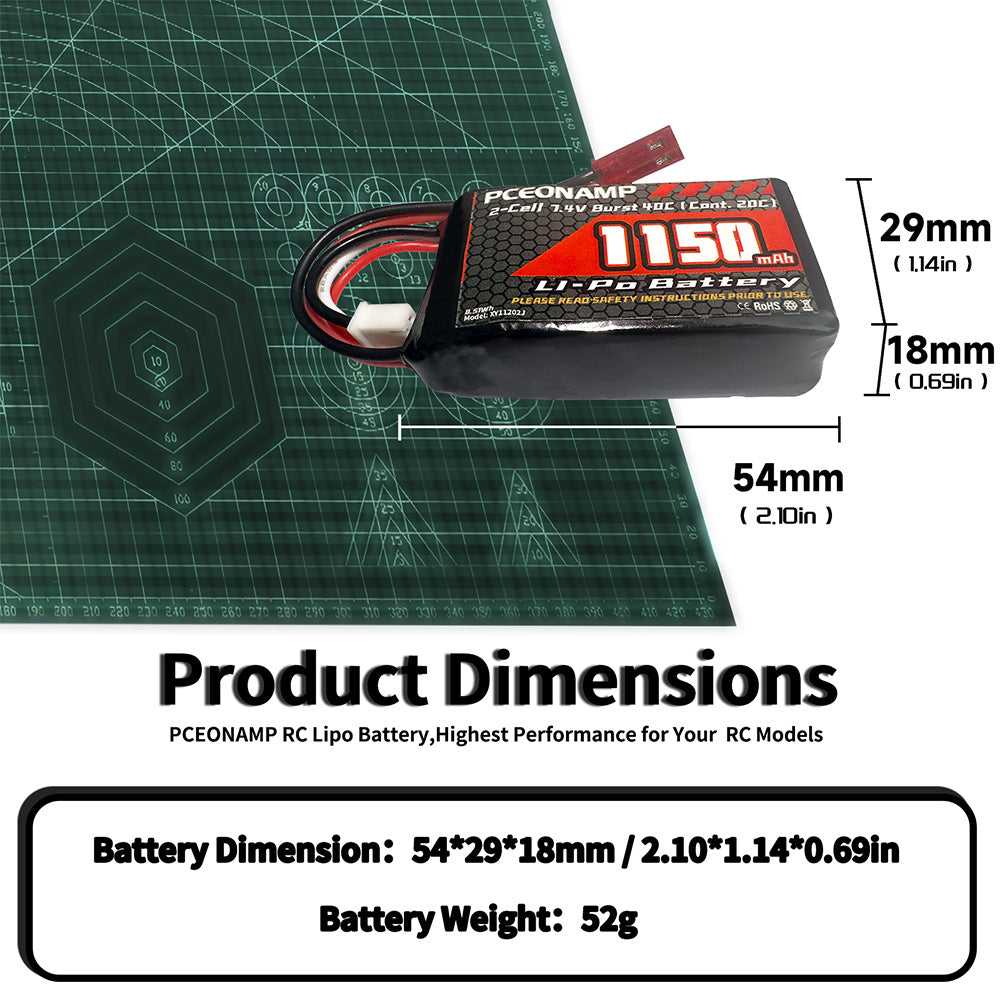 7.4V 1150mAh 2S LiPo battery 40C JST product dimensions, 54x29x18mm, 52g
