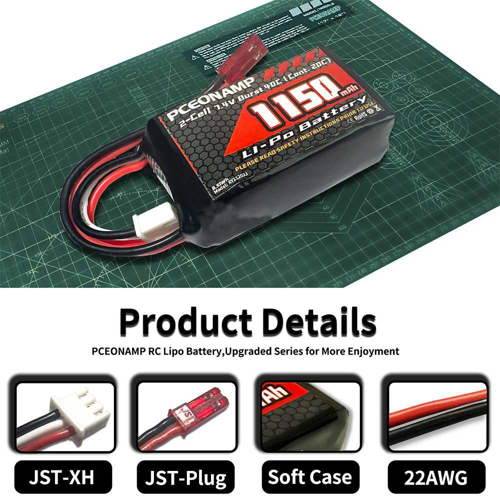 PCEONAMP 1150mAh 2S LiPo battery 40C JST details, JST-XH plug, soft case, 14AWG
