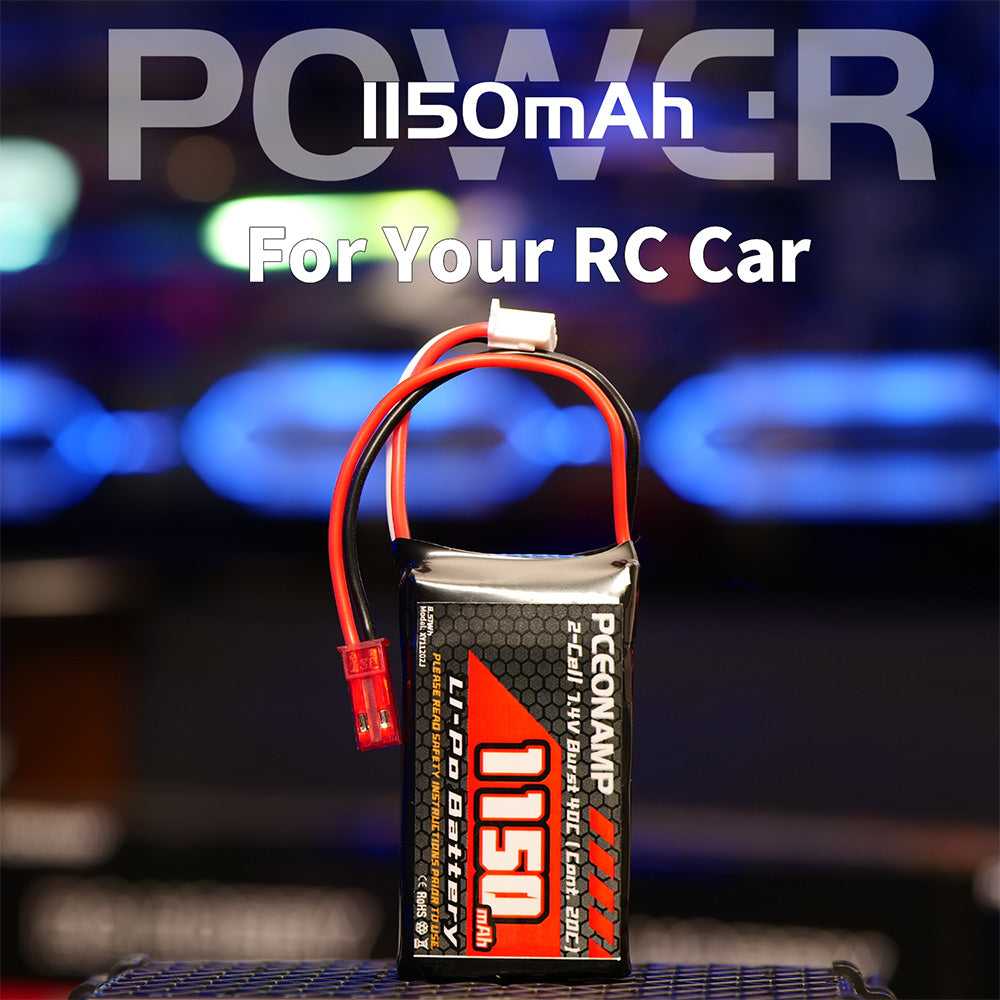PCEONAMP 7.4V 1150mAh 2S LiPo battery 40C JST for RC car, rock buggy, 1/24 1/18 scale
