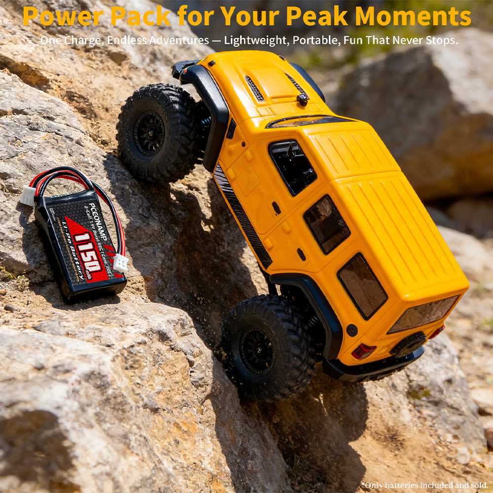 PCEONAMP 1150mAh 2S LiPo battery 40C powerful performance, 1/24 RC rock crawler, yellow crawler on rocks
