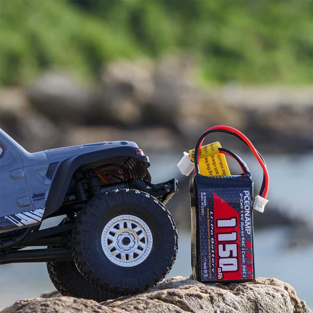 7.4V 1150mAh 2S LiPo battery 40C PH2.0 installed on RC rock crawler, side mount, 1/24 scale
