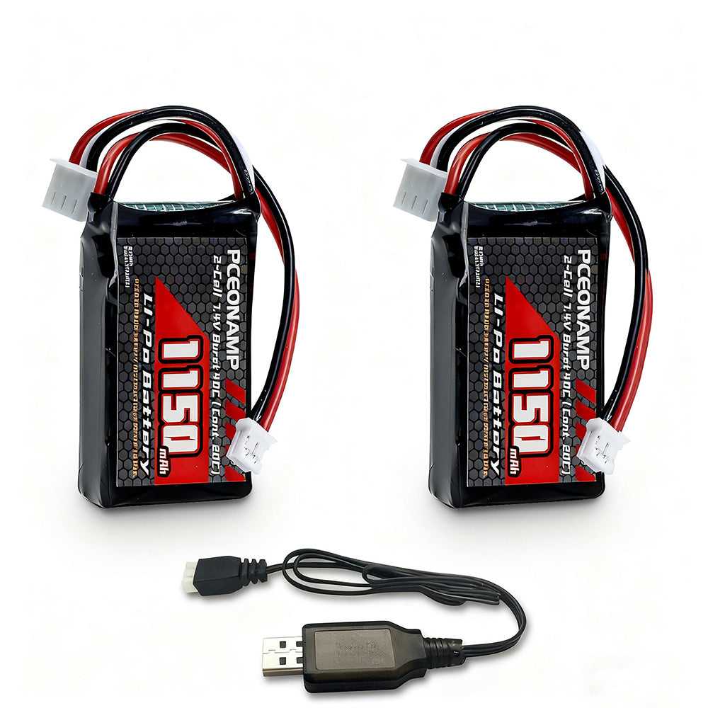 PCEONAMP 7.4V 1150mAh 2S LiPo battery 40C PH2.0, 2-pack, USB cable, product photo
