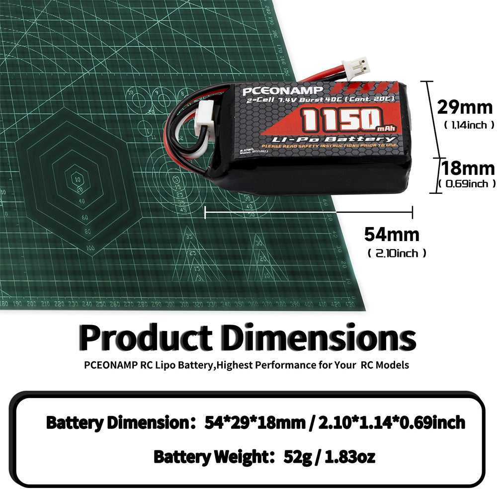 7.4V 1150mAh 2S LiPo battery 40C product dimensions, 54x29x18mm, 52g
