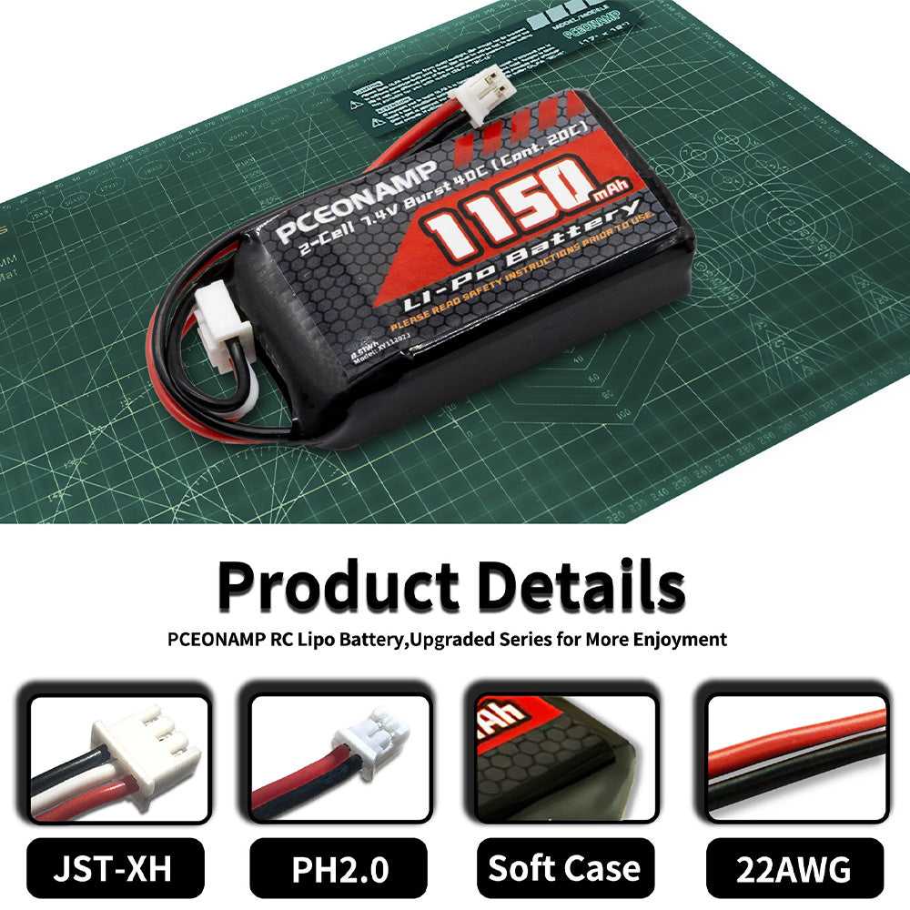PCEONAMP 1150mAh 2S LiPo battery 40C details, PH2.0 plug, soft case, 25AWG
