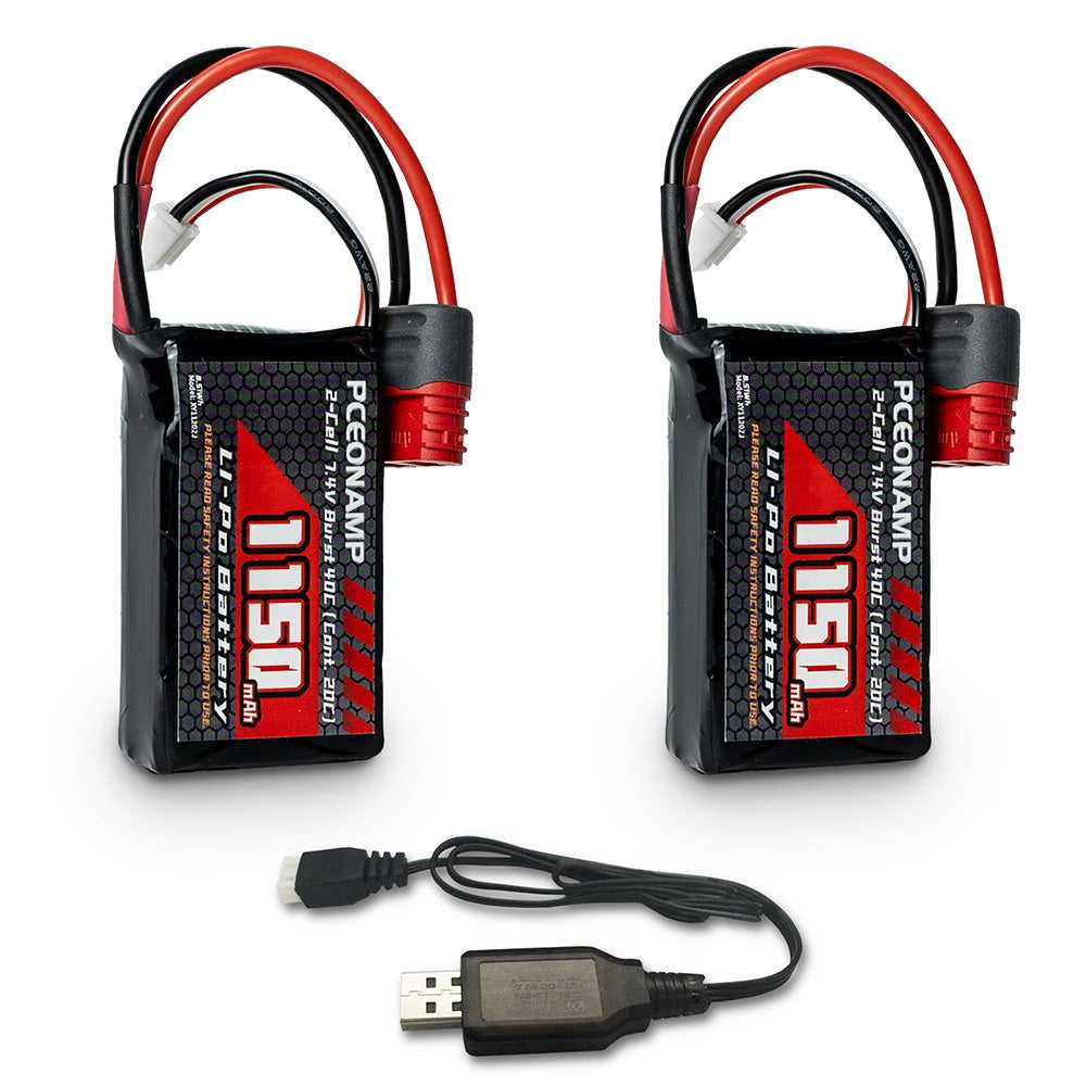 PCEONAMP 7.4V 1150mAh 2S LiPo battery 40C, two-pack with USB charger, product photo