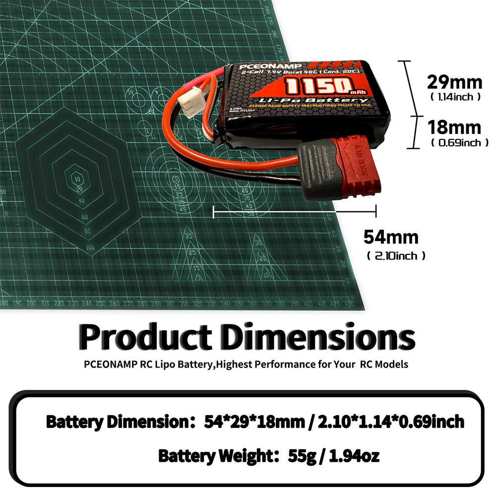 7.4V 1150mAh 2S LiPo battery 40C product dimensions, 54x29x18mm, 52g
