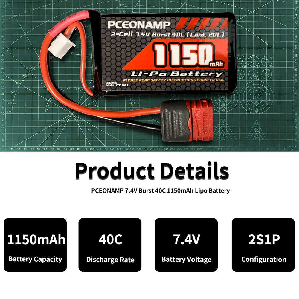 7.4V 1150mAh 2S LiPo battery 40C for 1/18 scale 4WD RC buggies, HX8 BEZGAR