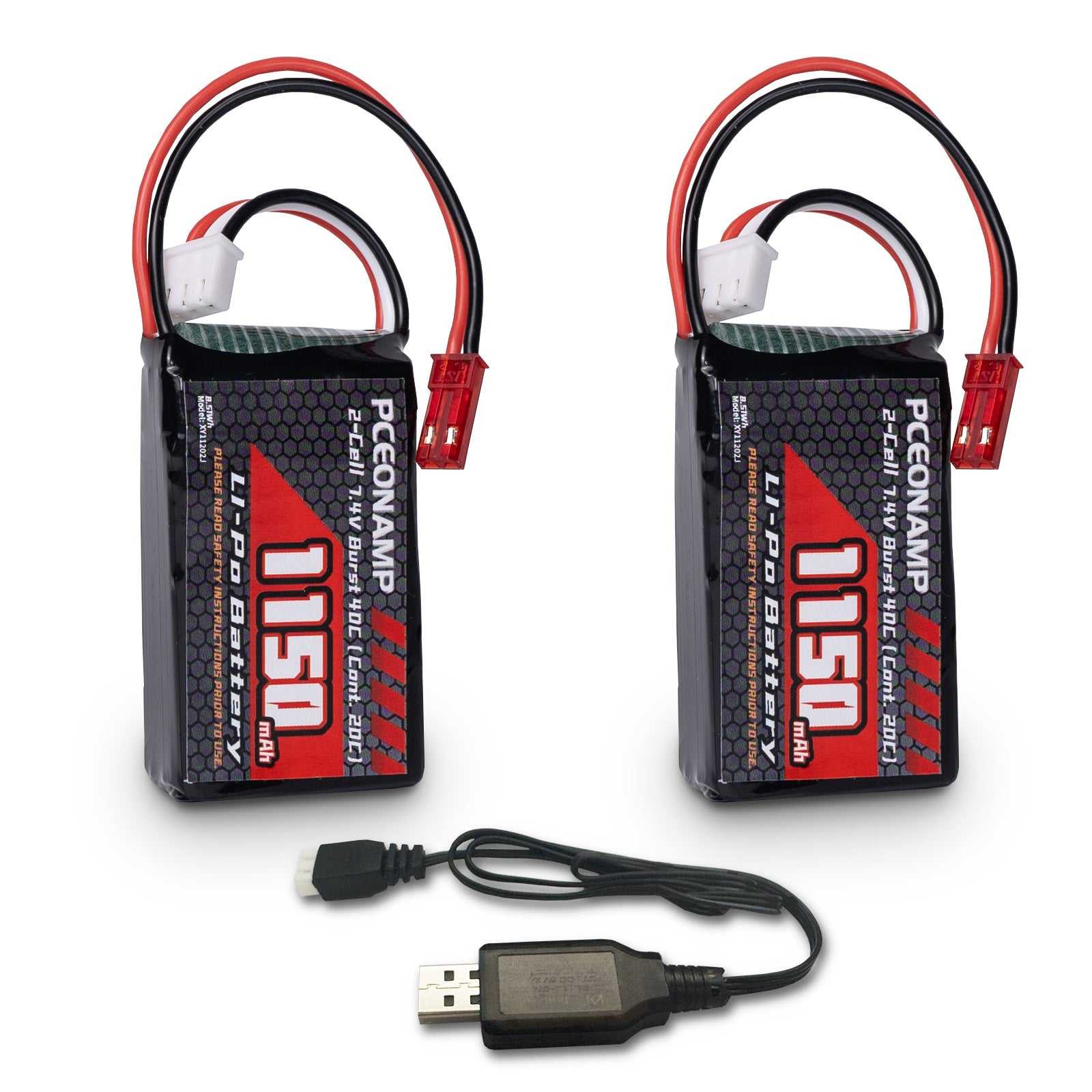 PCEONAMP 7.4V 1150mAh 2S LiPo battery 40C JST plug, 2-pack, USB charger, product photo
