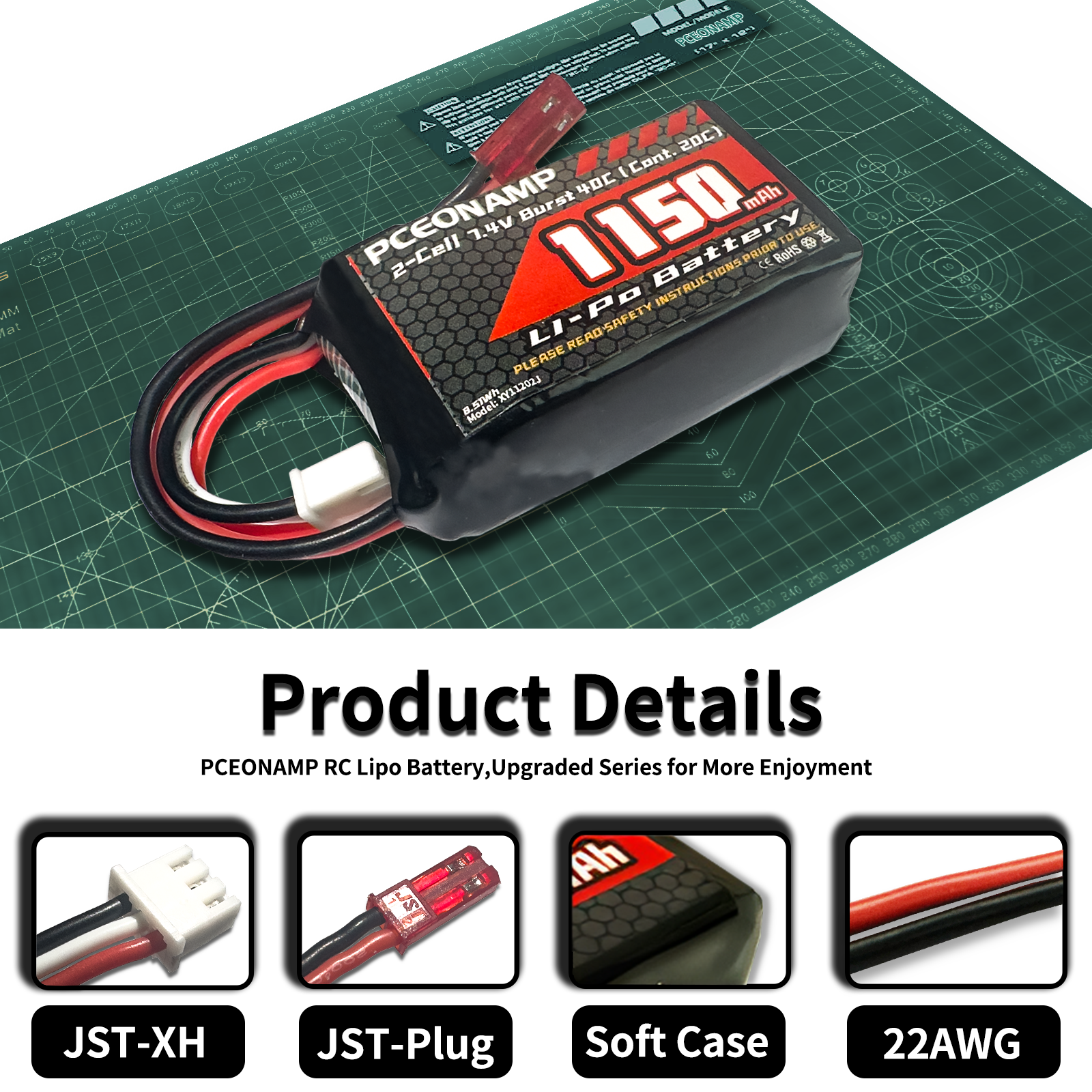 PCEONAMP 2S Lipo Battery 1150mAh 7.4V Burst 40C with JST Plug Rechargeable High Capacity RC 7.4V Lipo Battery Fit for RC Cars A949, A959 or 1/18 Scale RC Cars Trucks with 1 USB Charger （2packs）