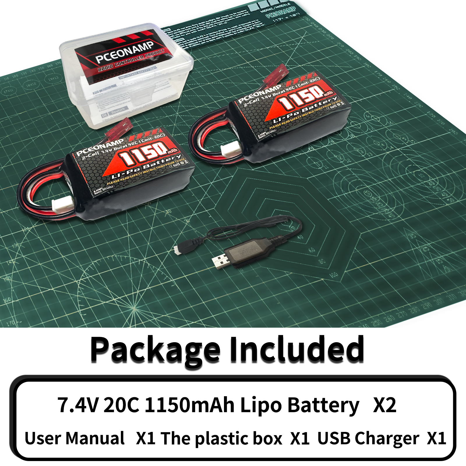 PCEONAMP 2S Lipo Battery 1150mAh 7.4V Burst 40C with JST Plug Rechargeable High Capacity RC 7.4V Lipo Battery Fit for RC Cars A949, A959 or 1/18 Scale RC Cars Trucks with 1 USB Charger （2packs）