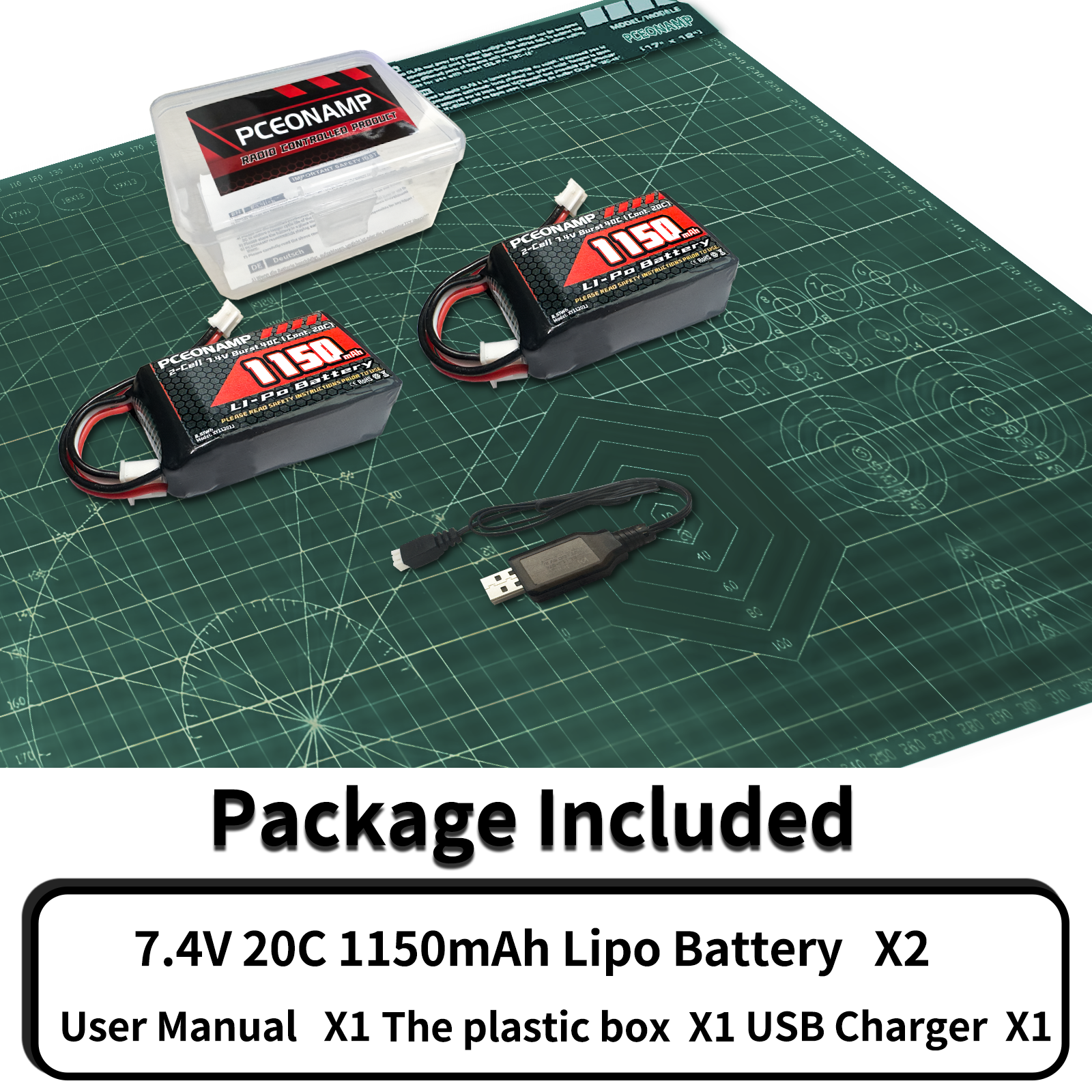 PCEONAMP 2S Lipo Battery 1150mAh 7.4V for SCX24 Burst 40C with PH2.0 Plug Rechargeable High Capacity RC 7.4V Lipo Battery Fit for 1/18, 1/24 Scale RC Cars Trucks with 1 USB Charger （2packs）