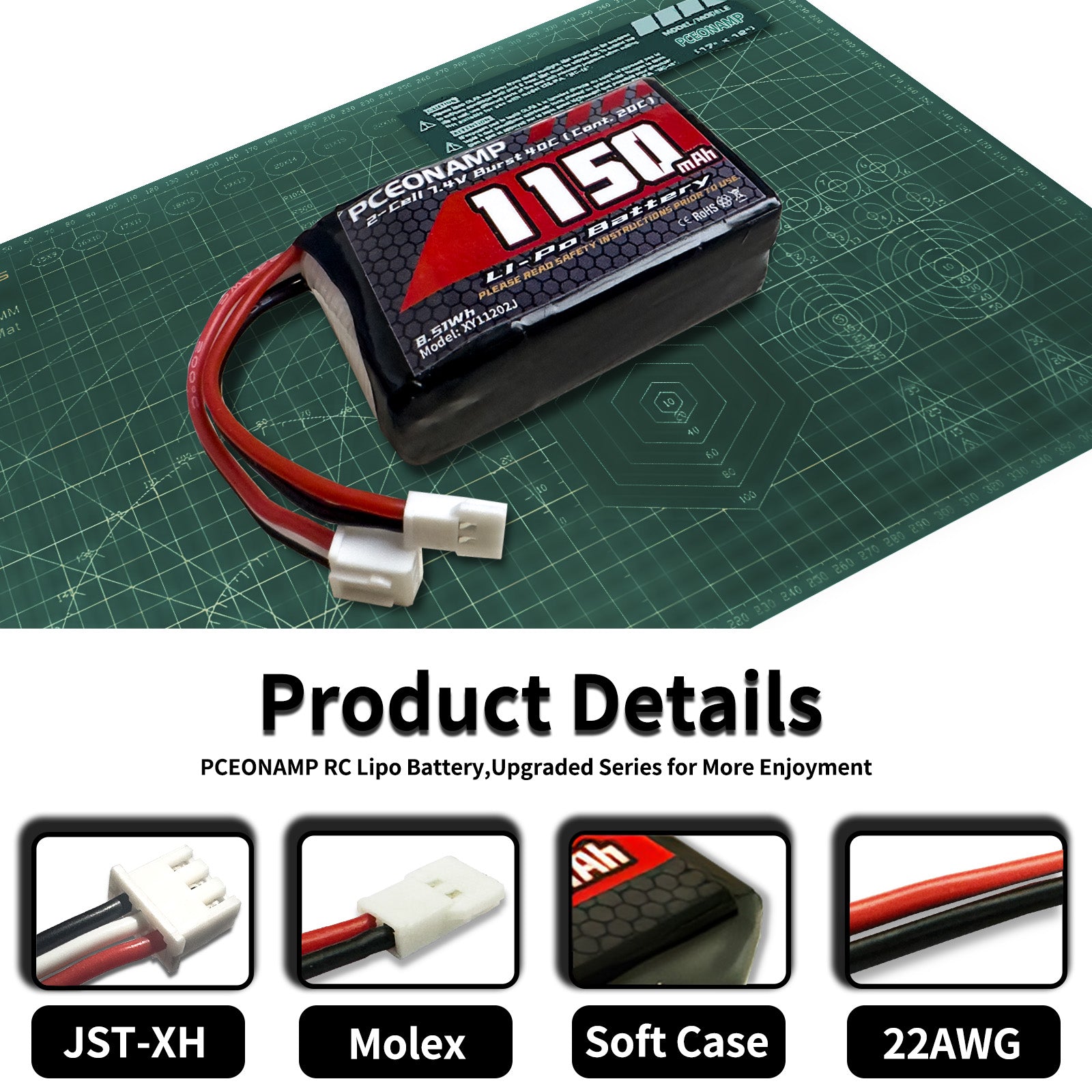 PCEONAMP 2S Lipo Battery 1150mAh 7.4V for FCX24 Burst 40C with Molex Plug Rechargeable High Capacity RC 7.4V Lipo Battery Fit for 1/24 Scale RC Cars Trucks with 1 USB Charger （2packs）