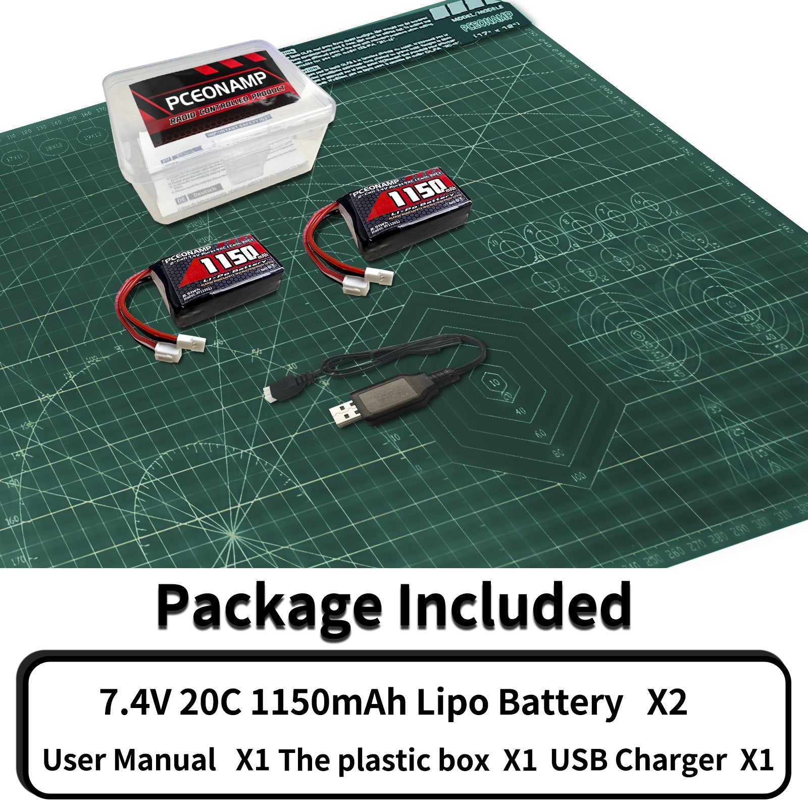 PCEONAMP 2S Lipo Battery 1150mAh 7.4V for FCX24 Burst 40C with Molex Plug Rechargeable High Capacity RC 7.4V Lipo Battery Fit for 1/24 Scale RC Cars Trucks with 1 USB Charger （2packs）