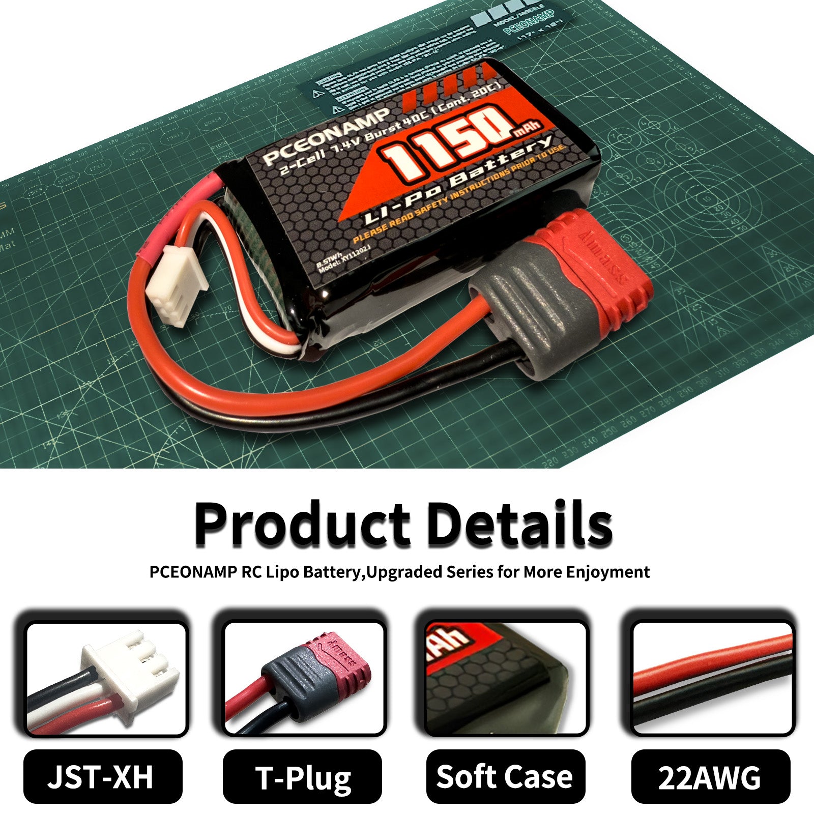 PCEONAMP 2S Lipo Battery 1150mAh 7.4V Burst 40C with T Plug High Capacity RC 7.4V Lipo Battery Fit for HBX, BEZGAR and Most 1/10, 1/12, 1/16, 1/18 Scale RC Car Truck with 1 USB Charger （2packs）