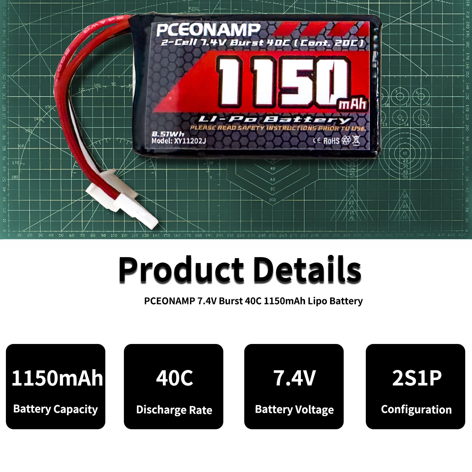PCEONAMP 2S Lipo Battery 1150mAh 7.4V for FCX24 Burst 40C with Molex Plug Rechargeable High Capacity RC 7.4V Lipo Battery Fit for 1/24 Scale RC Cars Trucks with 1 USB Charger （2packs）