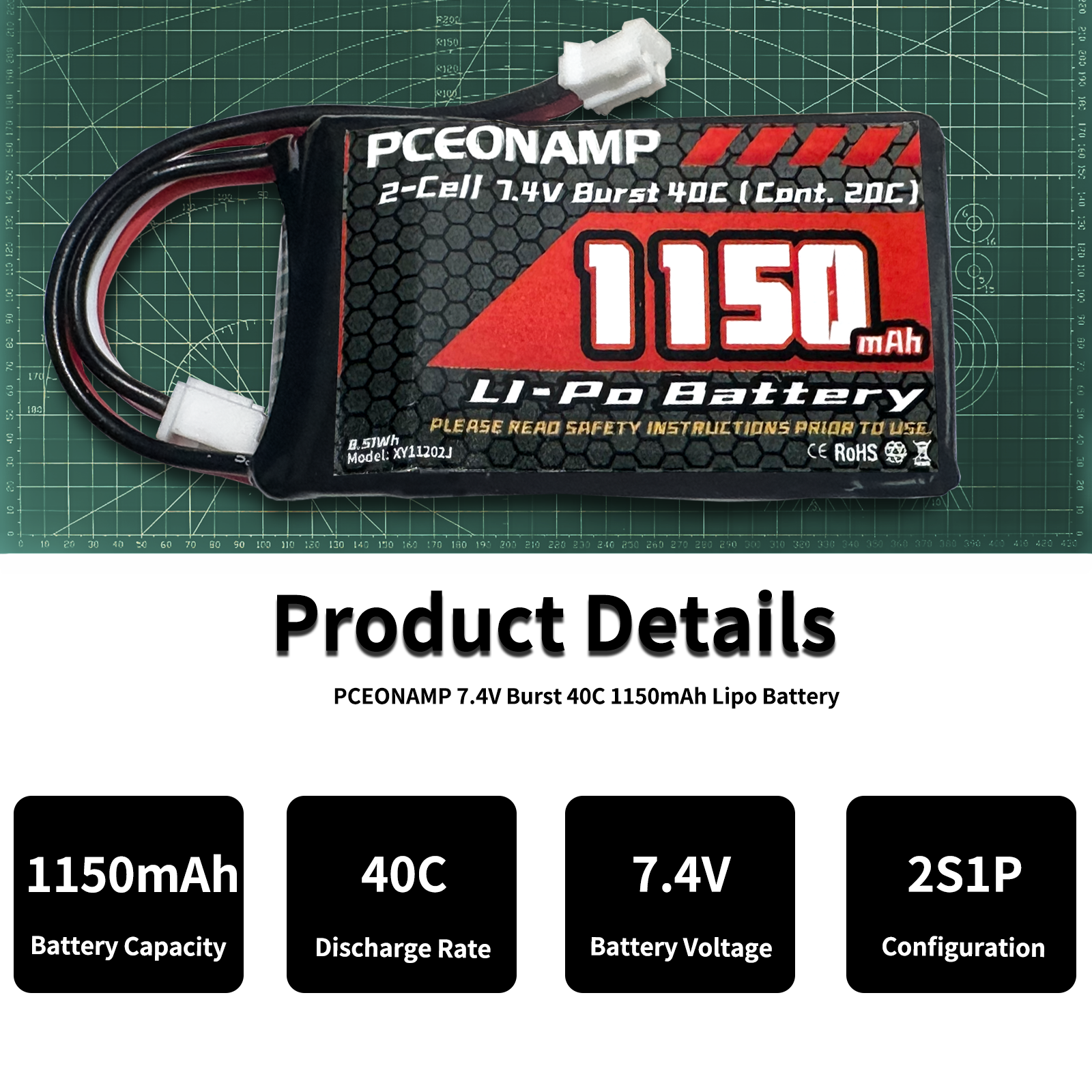 PCEONAMP 2S Lipo Battery 1150mAh 7.4V for SCX24 Burst 40C with PH2.0 Plug Rechargeable High Capacity RC 7.4V Lipo Battery Fit for 1/18, 1/24 Scale RC Cars Trucks with 1 USB Charger （2packs）