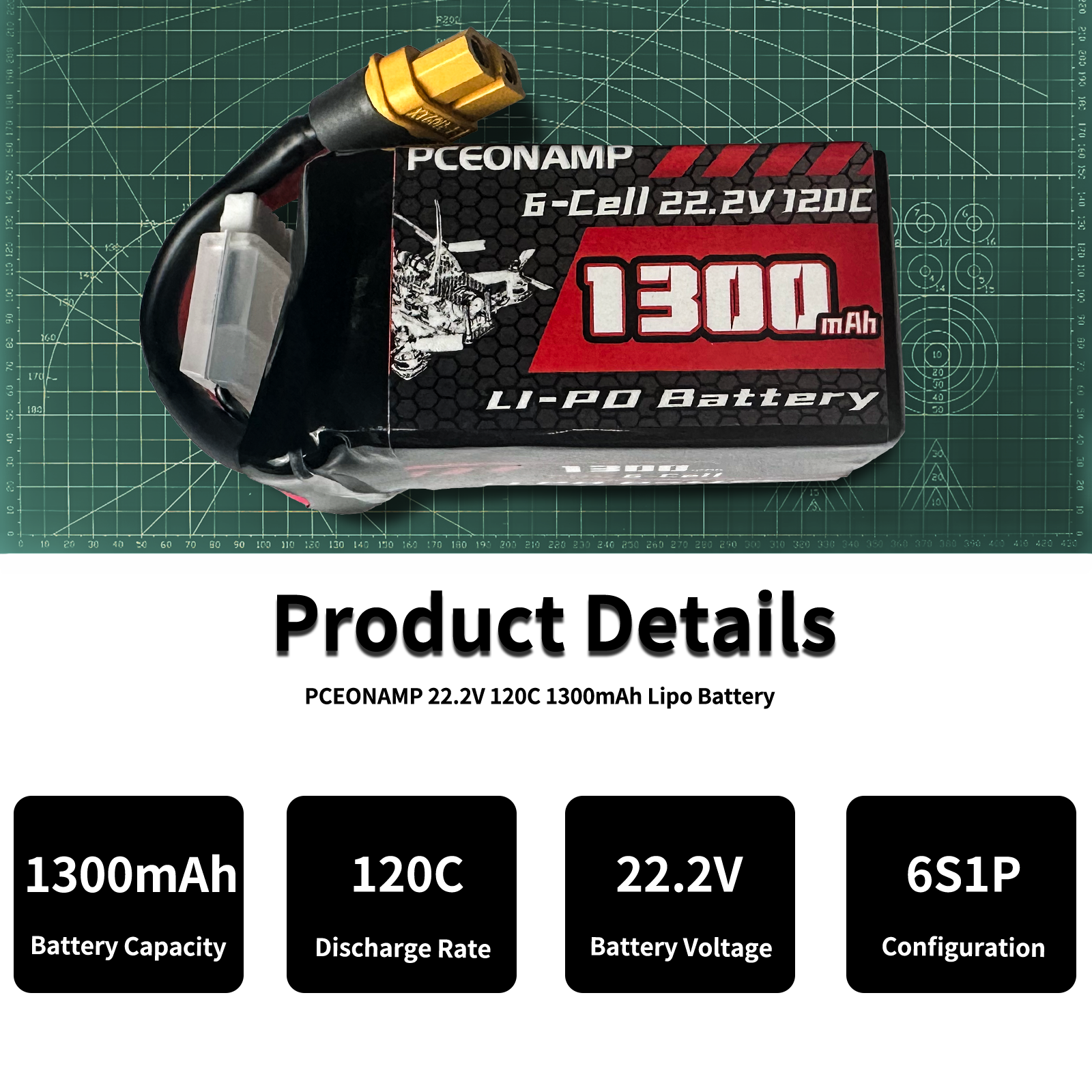 PCEONAMP 6S Lipo Battery 1300mAh 22.2V 120C with XT60 Plug Rechargeable High Capacity RC Drone Battery Soft Case Fit for RC FPV RC Racing Drone Quadcopter