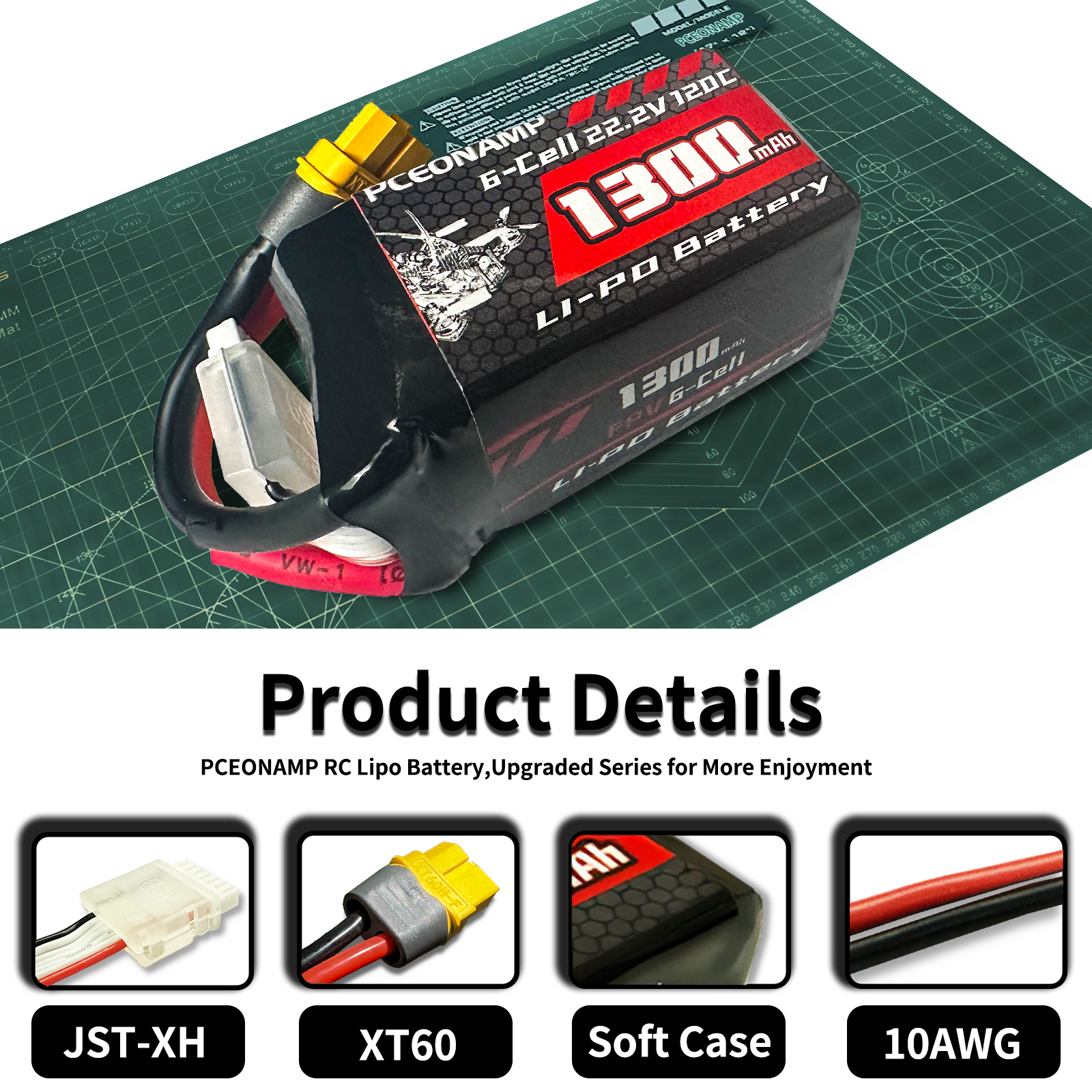 PCEONAMP 6S Lipo Battery 1300mAh 22.2V 120C with XT60 Plug Rechargeable High Capacity RC Drone Battery Soft Case Fit for RC FPV RC Racing Drone Quadcopter