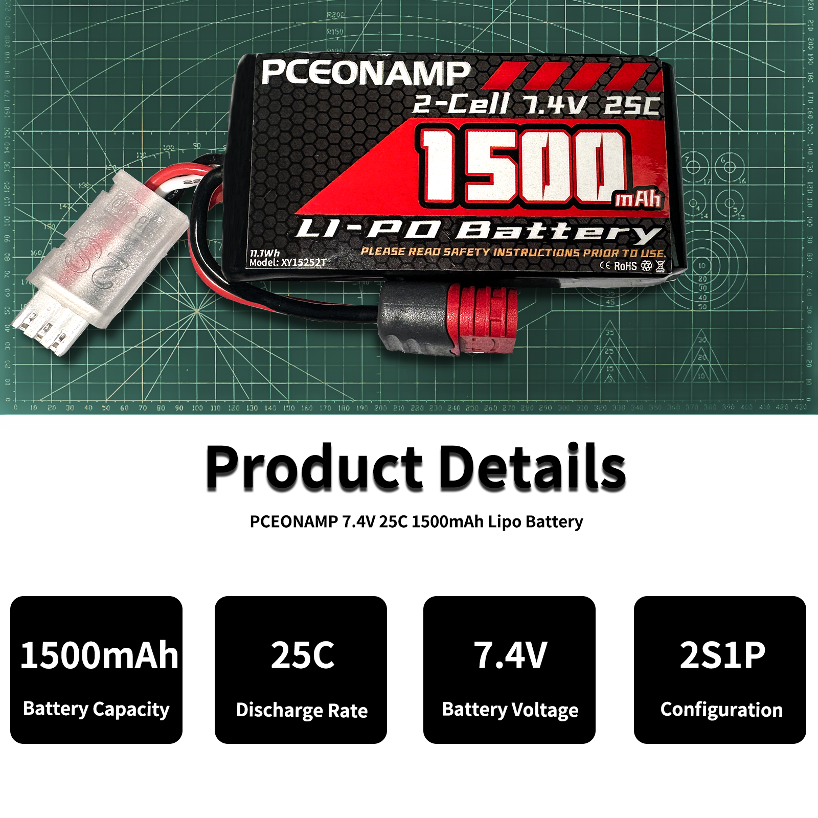 PCEONAMP 2S Lipo Battery 1500mAh 25C with Deans T Plug Rechargeable High Capacity RC 7.4V Battery Fit for High Speed RC Cars and Most 1/10, 1/12, 1/16 Scale RC Cars Trucks