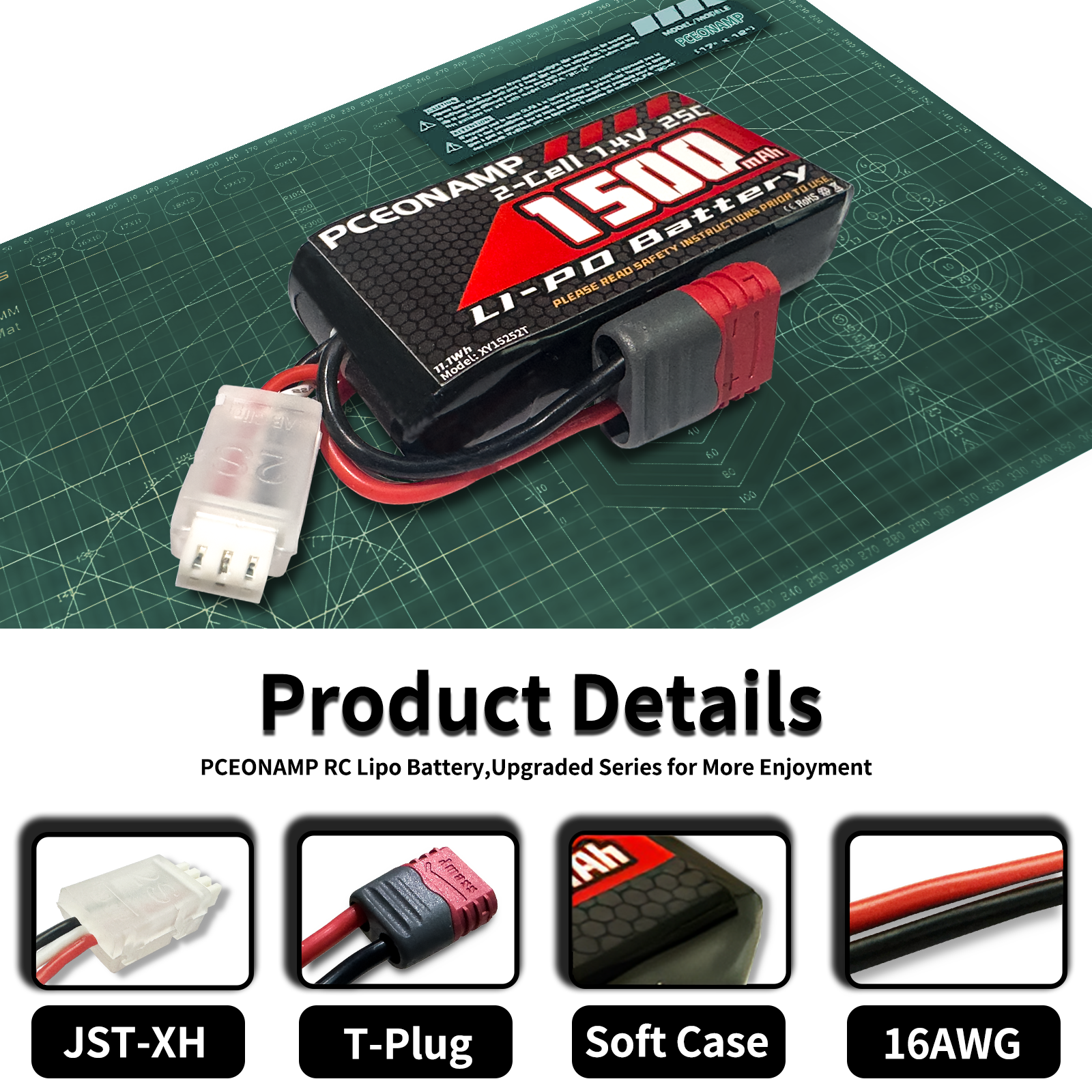 PCEONAMP 2S Lipo Battery 1500mAh 25C with Deans T Plug Rechargeable High Capacity RC 7.4V Battery Fit for High Speed RC Cars and Most 1/10, 1/12, 1/16 Scale RC Cars Trucks
