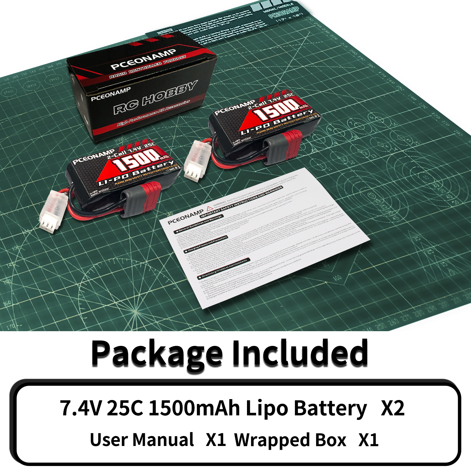 PCEONAMP 2S Lipo Battery 1150mAh 7.4V Burst 40C with T Plug High Capacity RC 7.4V Lipo Battery Fit for HBX, BEZGAR and Most 1/10, 1/12, 1/16, 1/18 Scale RC Car Truck with 1 USB Charger （2packs）