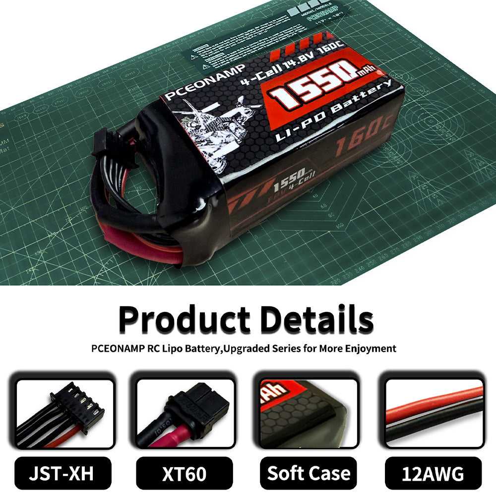 PCEONAMP 4S LiPo battery 1550mAh, XT60 plug, soft case, 12AWG leads detail