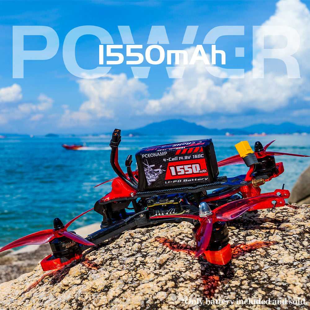 1550mAh 4S LiPo battery 160C powering 5 inch FPV drone, outdoor