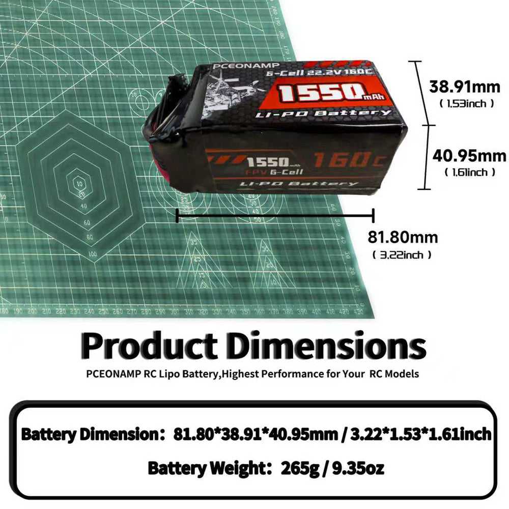 PCEONAMP 1550mAh 6S LiPo battery 160C product dimensions, 32.25x61.05x40.05mm