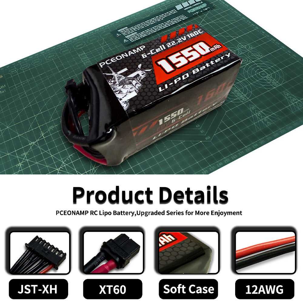PCEONAMP 6S LiPo 1550mAh battery details, XT60 plug, JST-XH balance, soft case, 12AWG leads