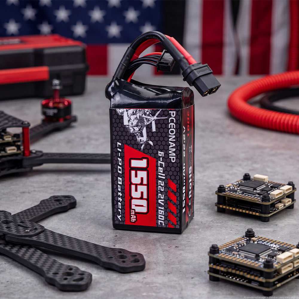 PCEONAMP 1550mAh 6S LiPo battery 160C with XT60 leads on FPV workbench