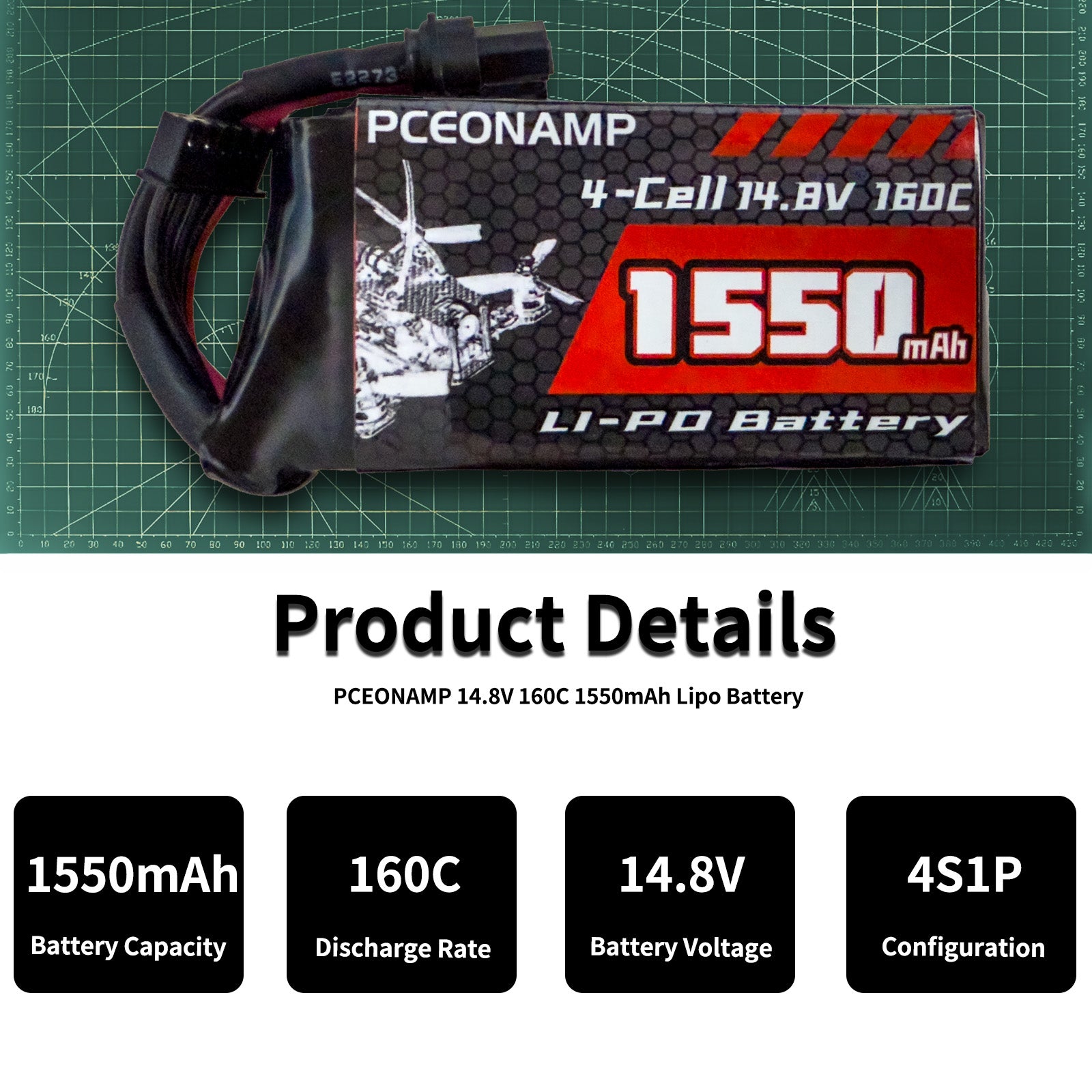 PCEONAMP 4S Lipo Battery 1550mAh 14.8V 160C with XT60 Plug Rechargeable High Capacity RC Drone Battery Soft Case Fit for RC FPV RC Racing Drone Quadcopter