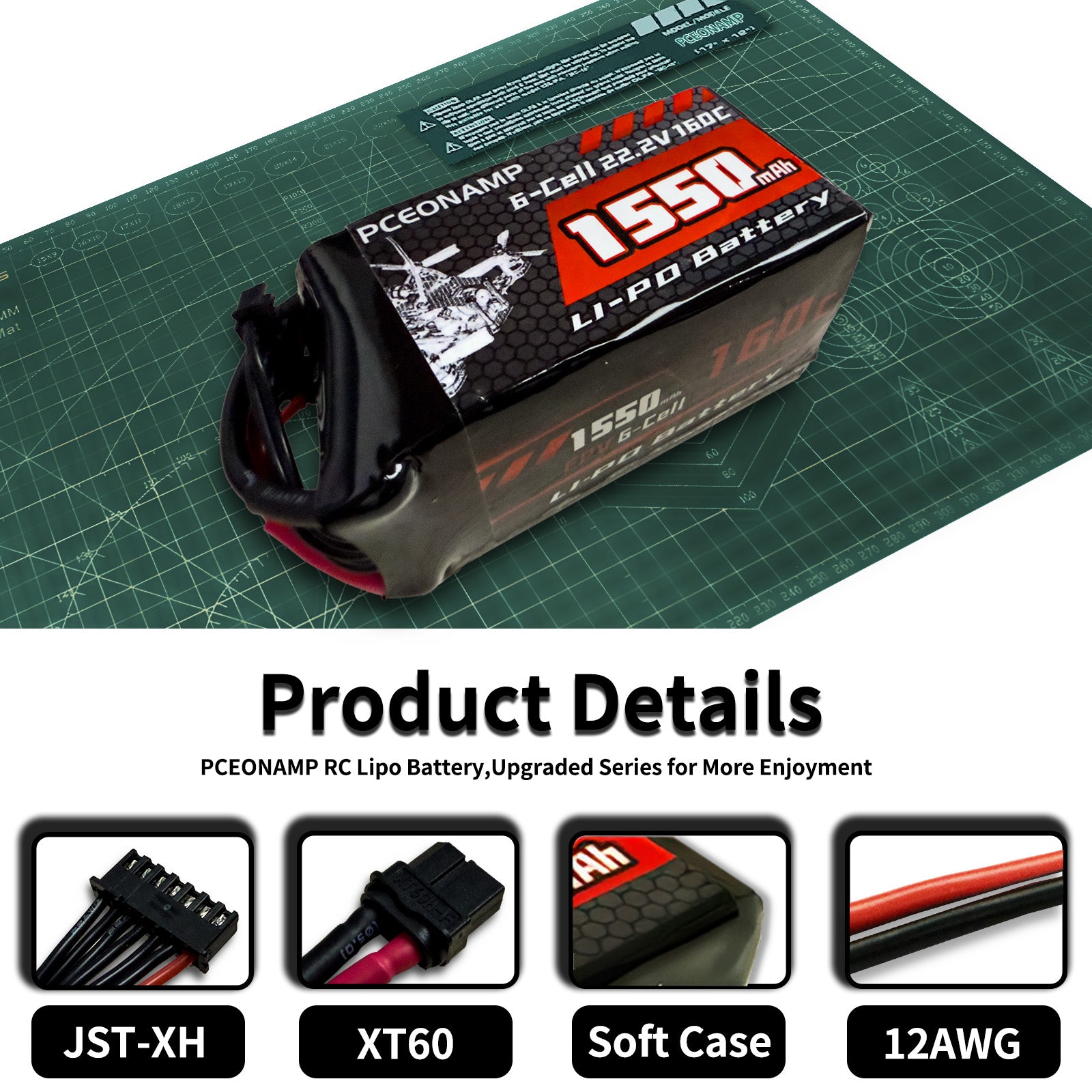 PCEONAMP 6S Lipo Battery 1550mAh 22.2V 160C with XT60 Plug Rechargeable High Capacity RC Drone Battery Soft Case Fit for RC FPV RC Racing Drone Quadcopter