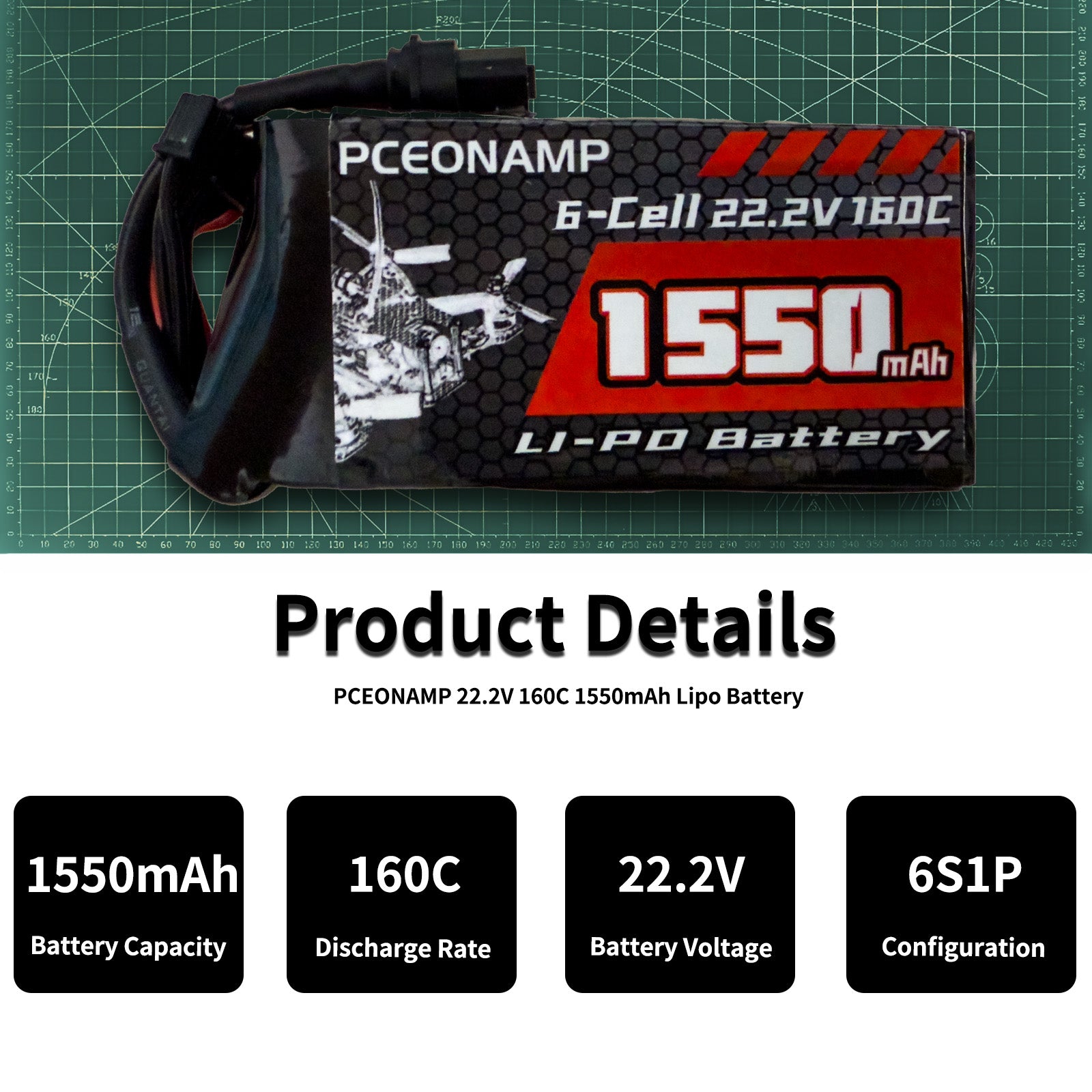 PCEONAMP 6S Lipo Battery 1550mAh 22.2V 160C with XT60 Plug Rechargeable High Capacity RC Drone Battery Soft Case Fit for RC FPV RC Racing Drone Quadcopter