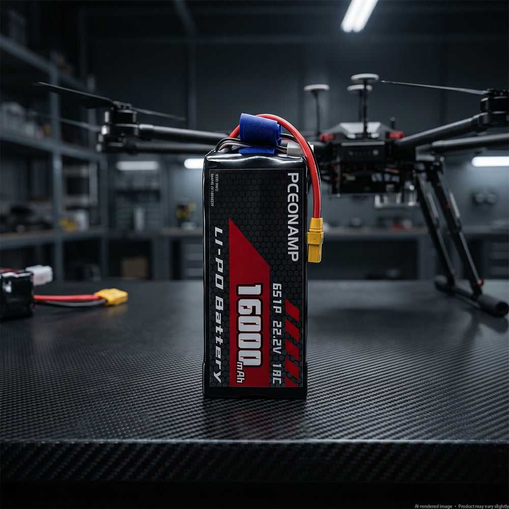 PCEONAMP 22.2V 16000mAh 6S LiPo battery 18C, XT90S plug, on foam case