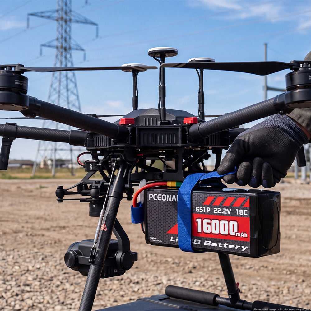 Industrial drone with PCEONAMP 16000mAh 6S LiPo battery installed on ground