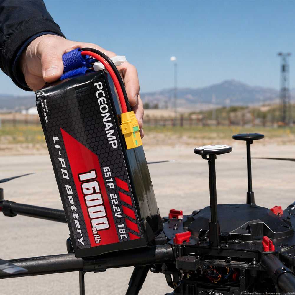 Hand holding PCEONAMP 22.2V 16000mAh 6S LiPo battery in outdoor field