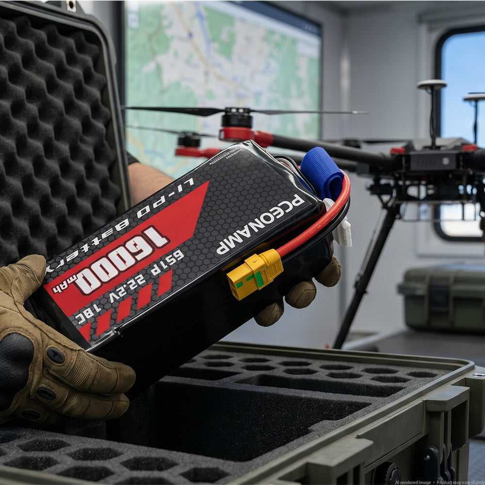 Gloved hands connecting XT90S plug on 6S LiPo battery during deployment