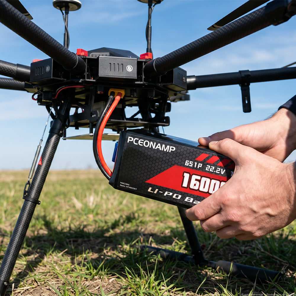 Industrial drone in flight powered by 22.2V 16000mAh 6S LiPo battery