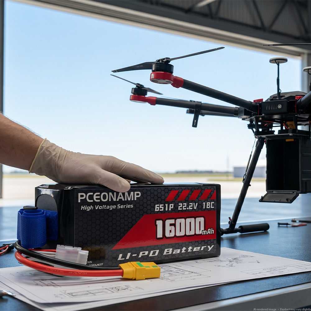 Technician operating drone with PCEONAMP 6S LiPo battery at work station