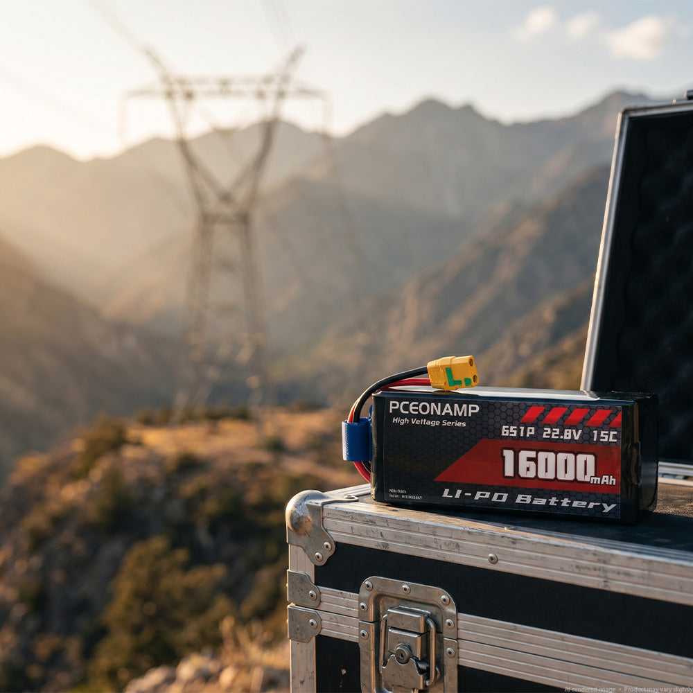PCEONAMP 22.8V 16000mAh HV LiPo battery deployed near power transmission tower