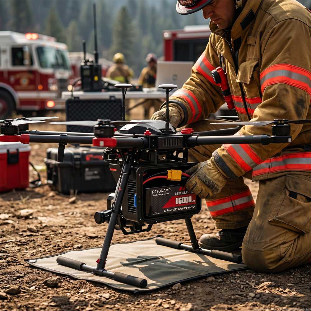 Emergency response team operating drone with PCEONAMP 6S HV LiPo battery in field