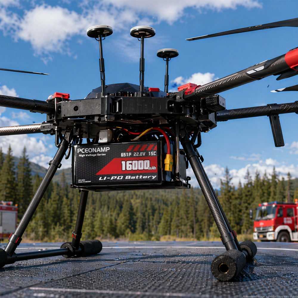 Industrial drone in flight powered by 22.8V 16000mAh 6S HV LiPo battery