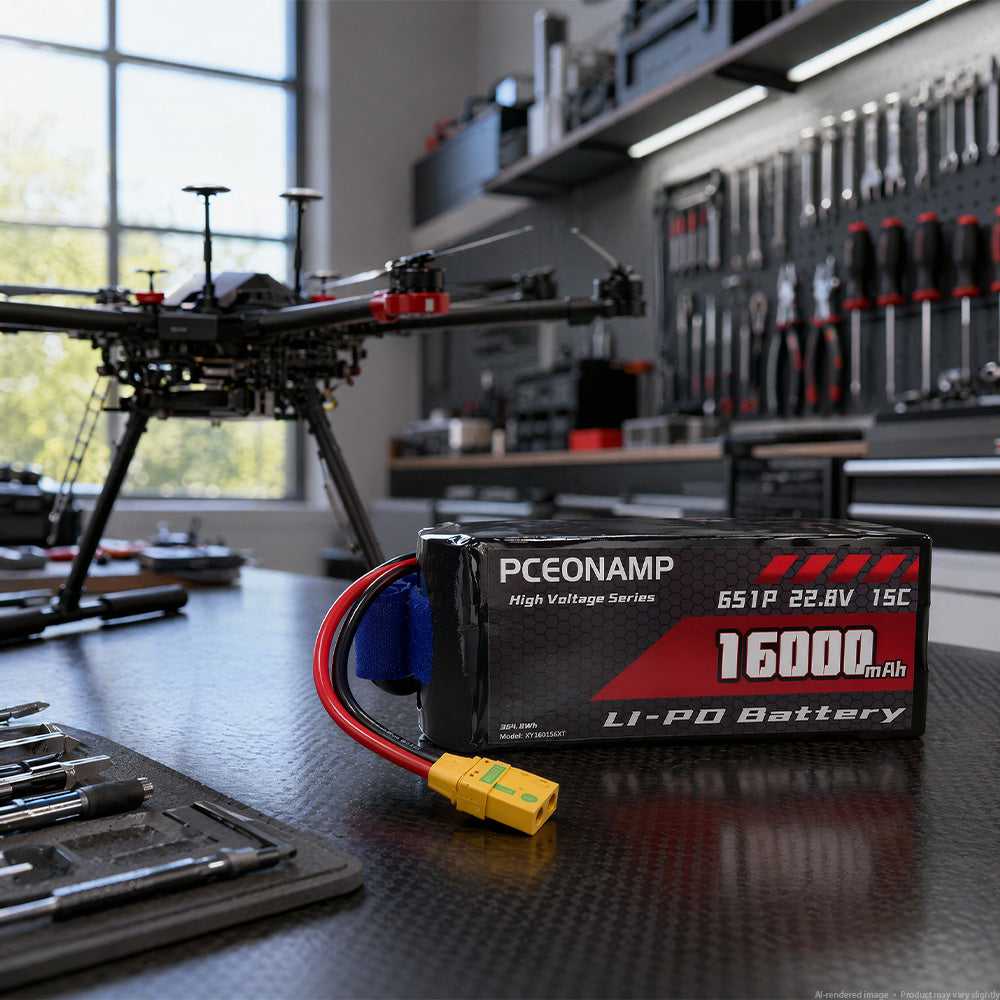 PCEONAMP HV LiPo battery installed on drone frame in workshop setup