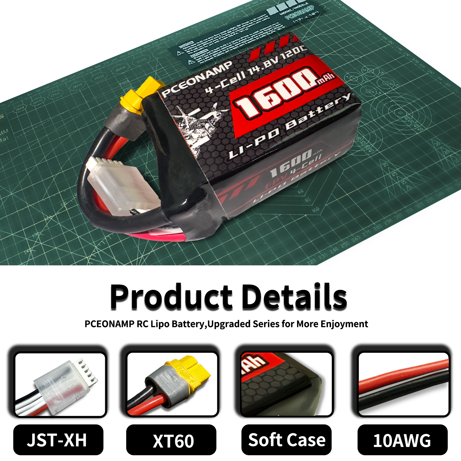 PCEONAMP 4S Lipo Battery 1600mAh 14.8V 120C with XT60 Plug Rechargeable High Capacity RC Drone Battery Soft Case Fit for RC FPV RC Racing Drone Quadcopter