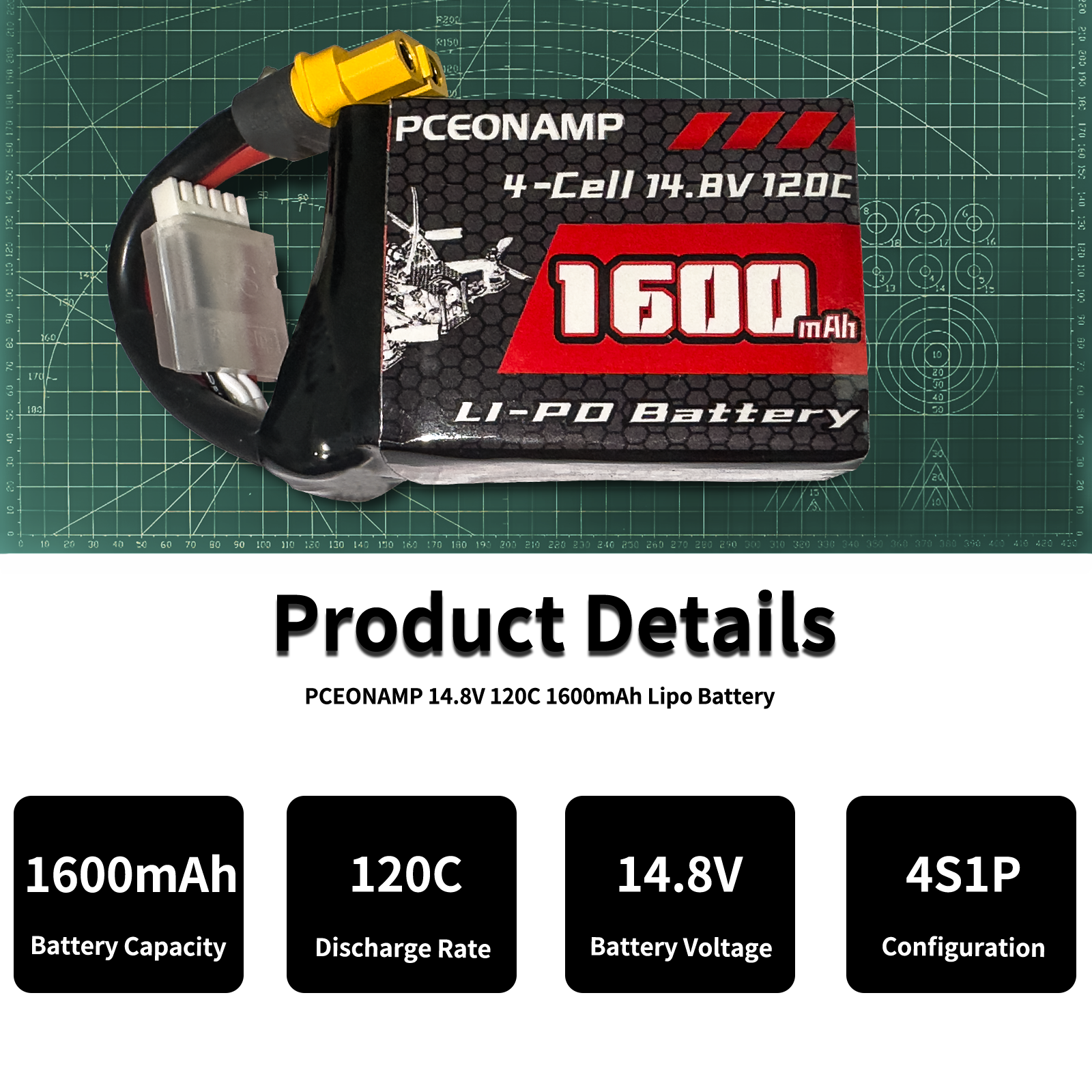 PCEONAMP 4S Lipo Battery 1600mAh 14.8V 120C with XT60 Plug Rechargeable High Capacity RC Drone Battery Soft Case Fit for RC FPV RC Racing Drone Quadcopter