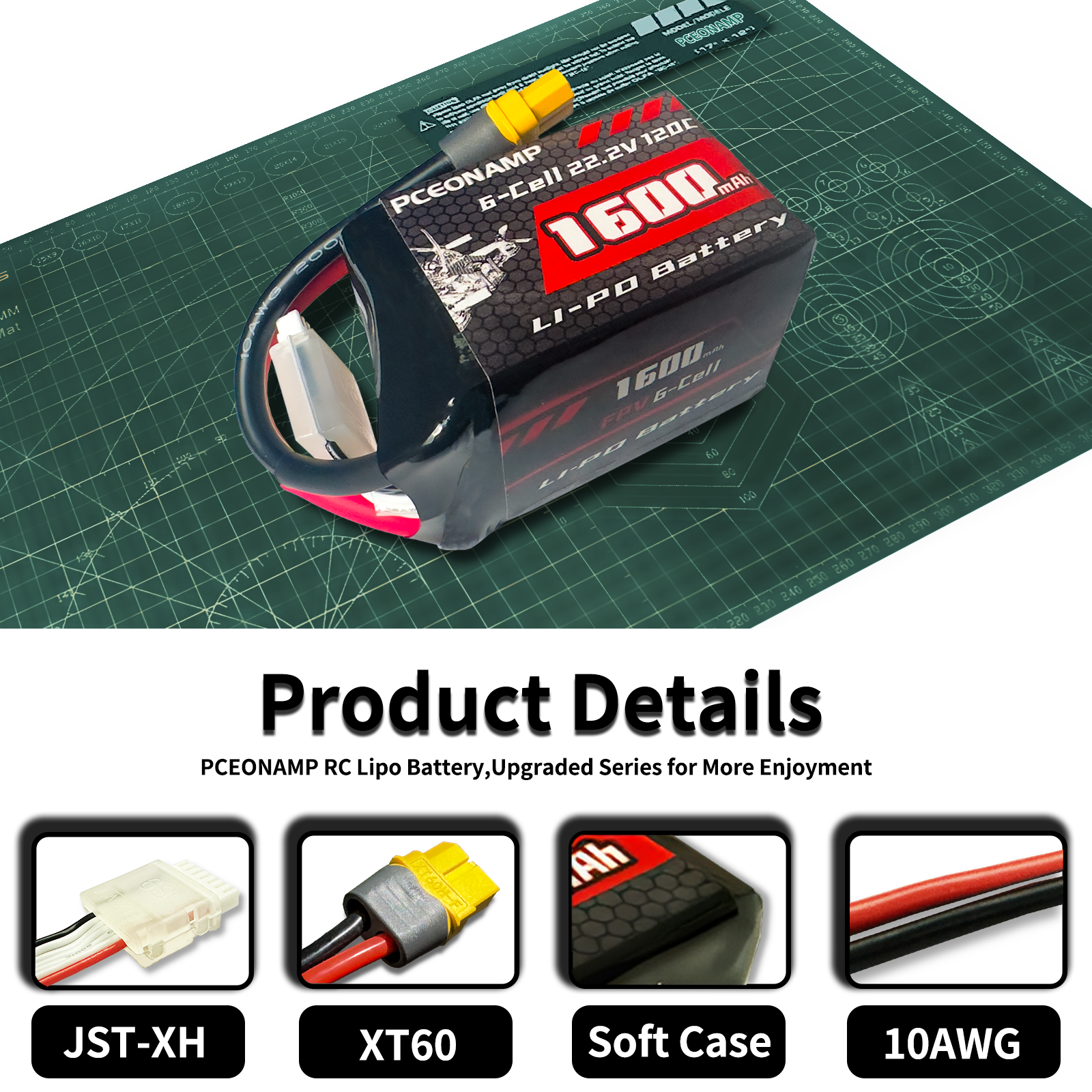 PCEONAMP 6S Lipo Battery 1600mAh 22.2V 120C with XT60 Plug Rechargeable High Capacity RC Drone Battery Soft Case Fit for RC FPV RC Racing Drone Quadcopter