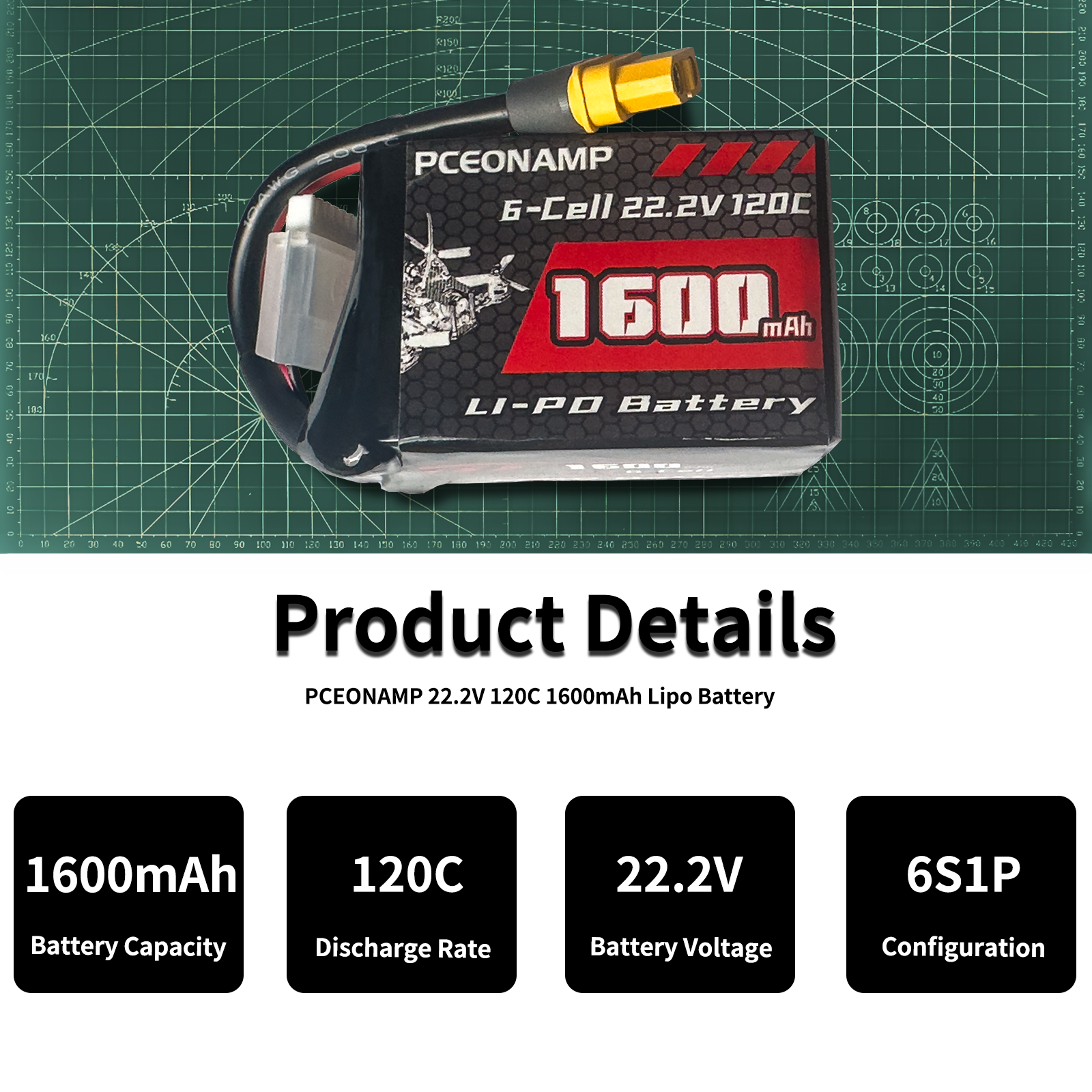 PCEONAMP 6S Lipo Battery 1600mAh 22.2V 120C with XT60 Plug Rechargeable High Capacity RC Drone Battery Soft Case Fit for RC FPV RC Racing Drone Quadcopter